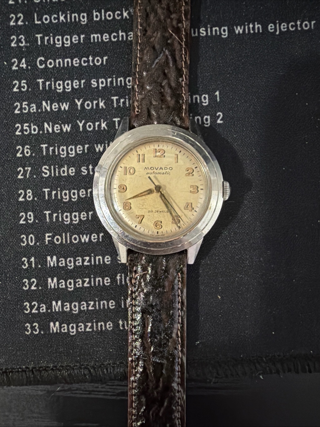 Vintage Movado Mens Automatic Watch  Brown Leather Strap Cream Dial